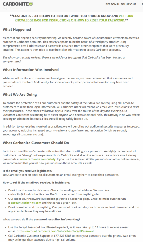 Notification of Carbonite breach
